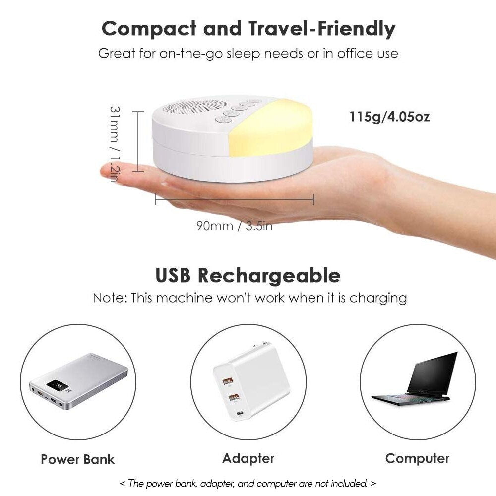 USB Rechargeable Baby White Noise Machine: Sleep Sound Player with Night Light, Timer, and Timed Shutdow