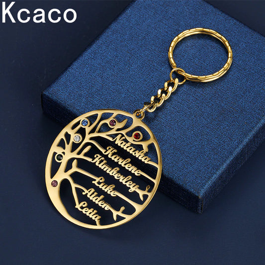 Personalized Tree of Life Keychain with Birthstone & Family Names: Stainless Steel Keyring 