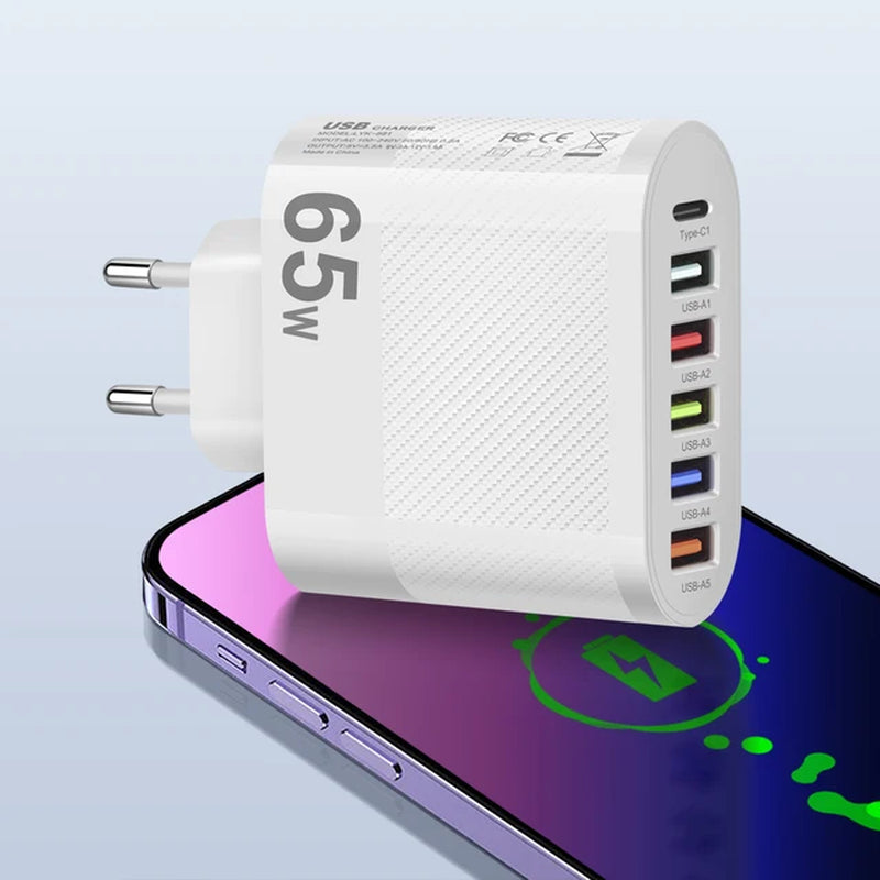 Multi-Port USB PD Charger: 65W Fast Charging Wall Adapter for iPhone, Samsung, EU/US/UK Plug