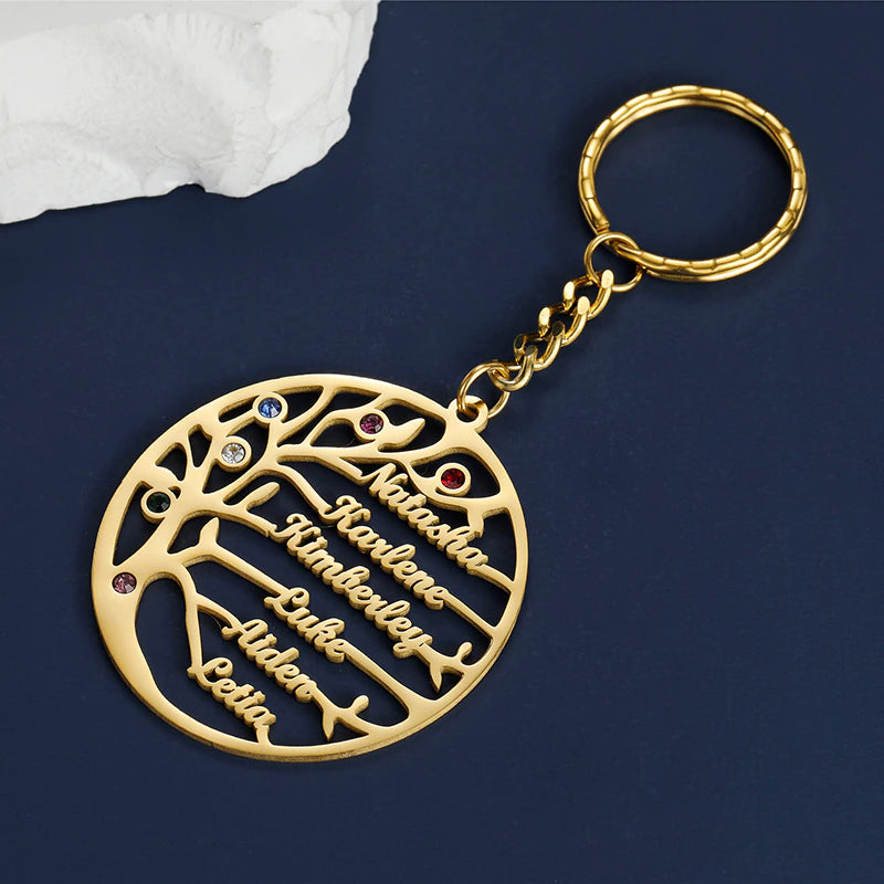 Personalized Tree of Life Keychain with Birthstone & Family Names: Stainless Steel Keyring 