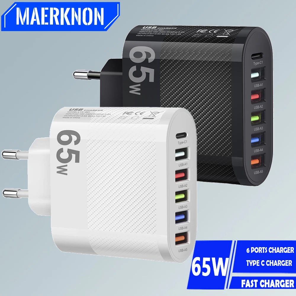 Multi-Port USB PD Charger: 65W Fast Charging Wall Adapter for iPhone, Samsung, EU/US/UK Plug