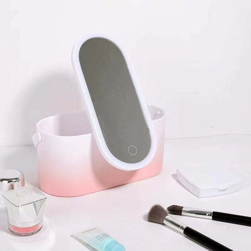 Portable Makeup Organizer Box with LED Light Mirror: Travel-Friendly Touch-Light Storage Case for Cosmetics