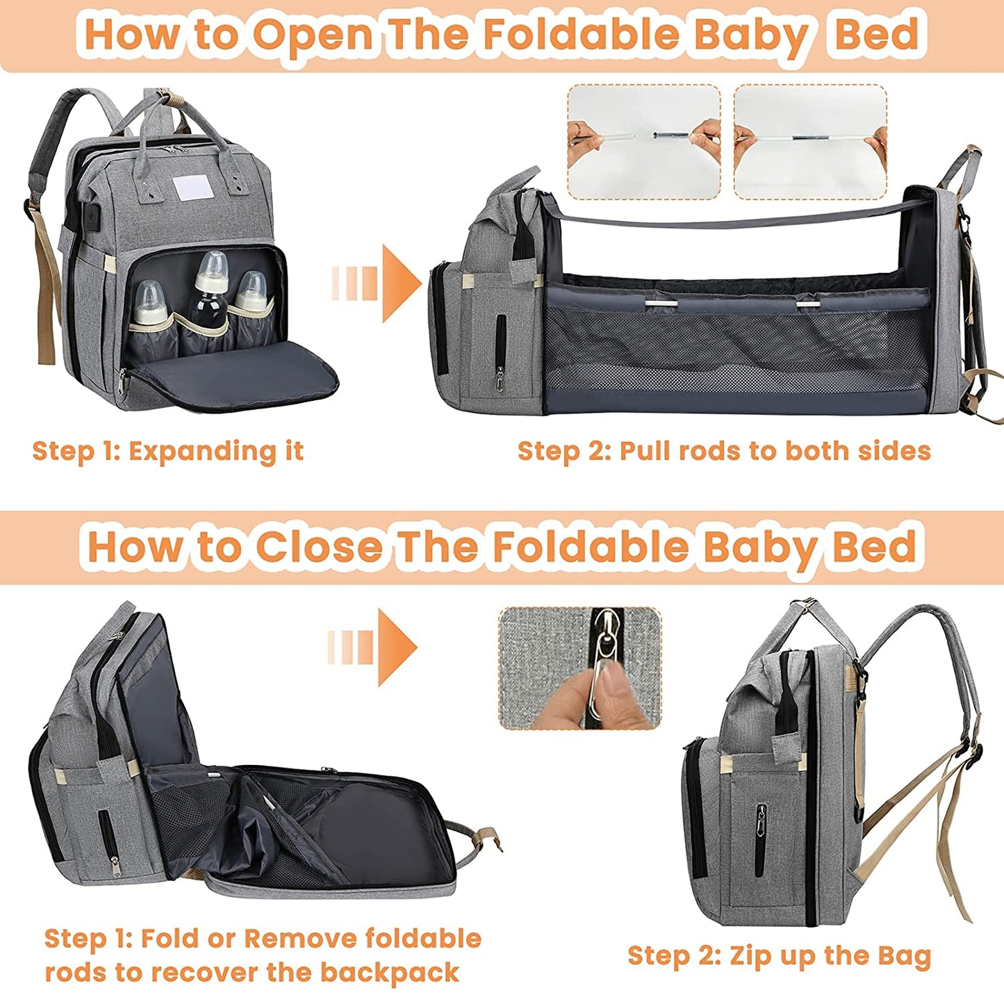 Foldable Baby Bed and Large Capacity Diaper Backpack for Fashion-Forward Moms