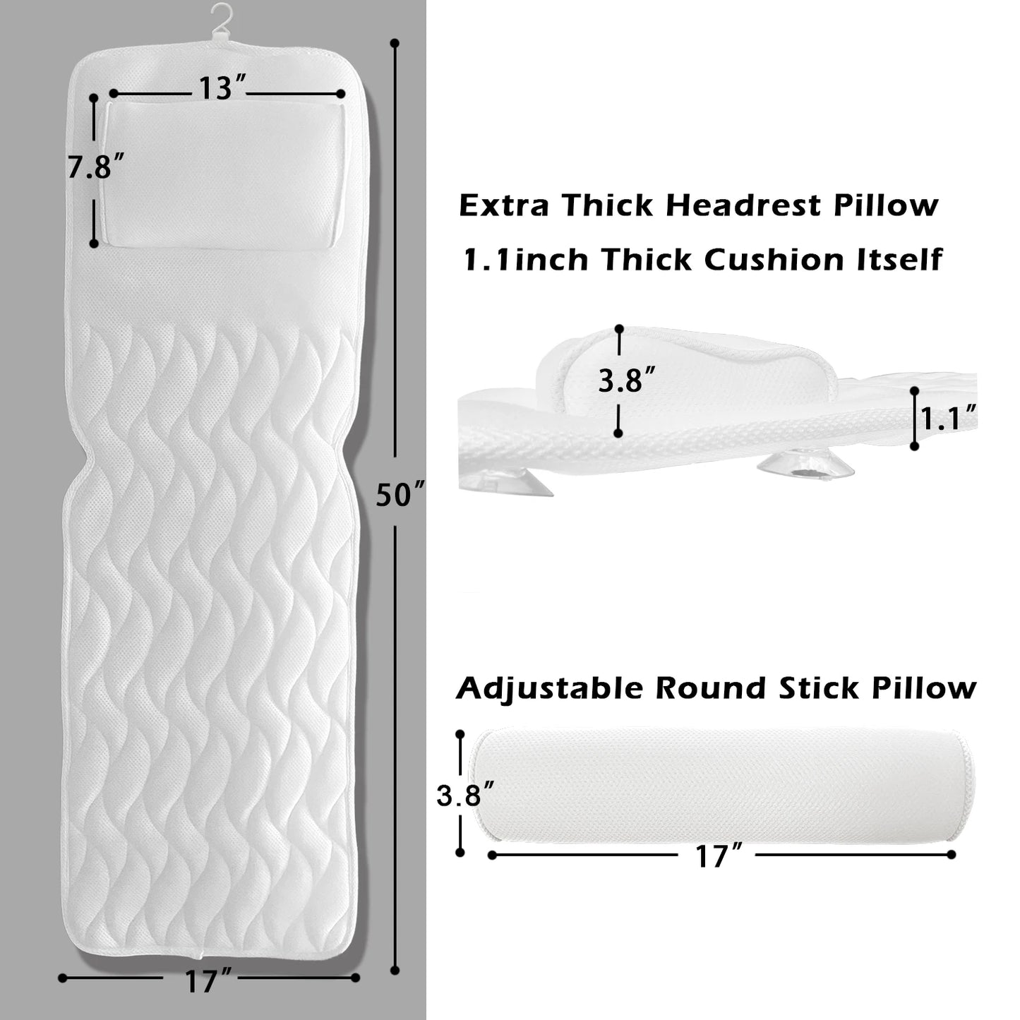 Luxurious Full Body Bath Pillow/Cushion with 14 Suction Cups and 3D Air Mesh 