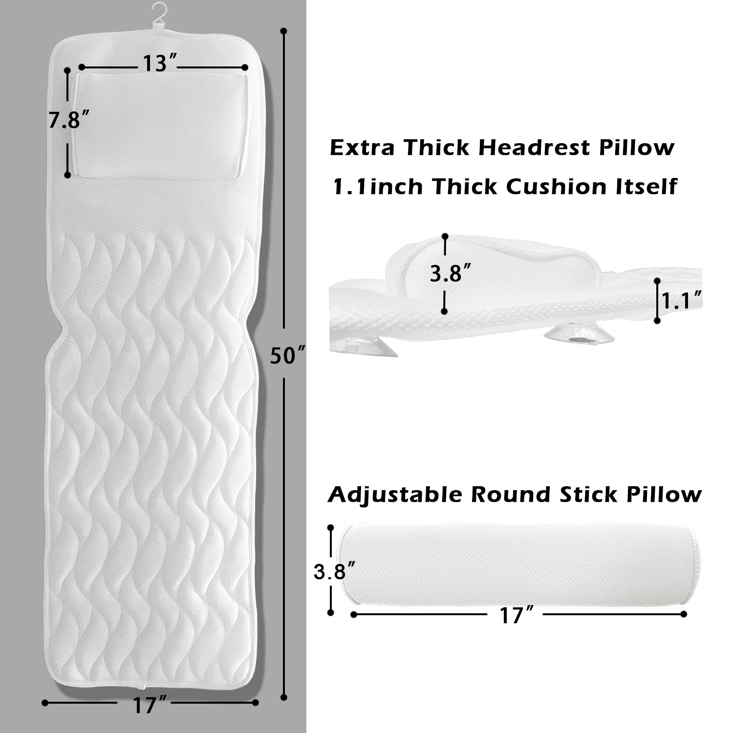 Luxurious Full Body Bath Pillow/Cushion with 14 Suction Cups and 3D Air Mesh 